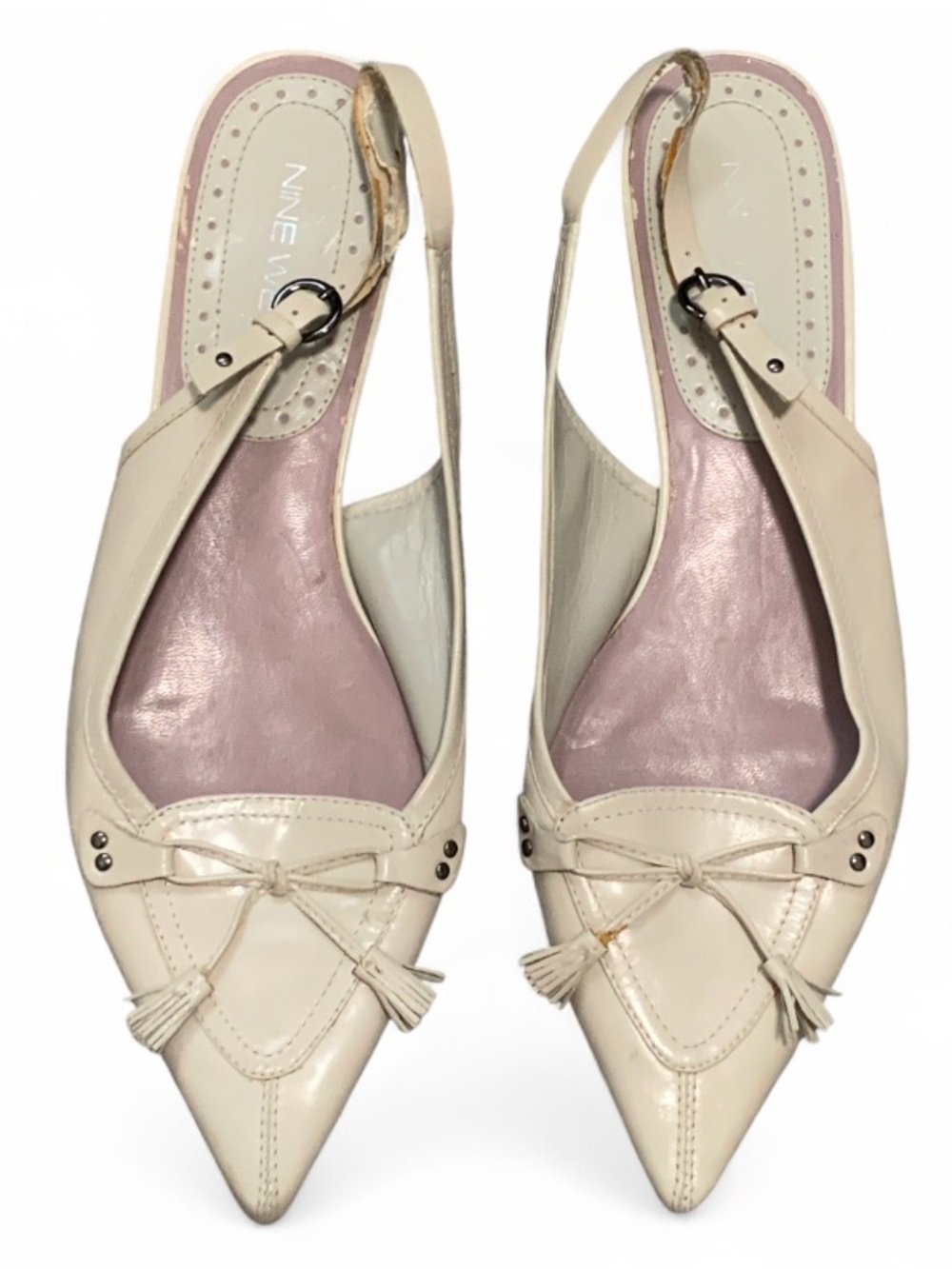 Vintage Nine West Ivory Pointed Toe Slingback Flats with Tassel Detail